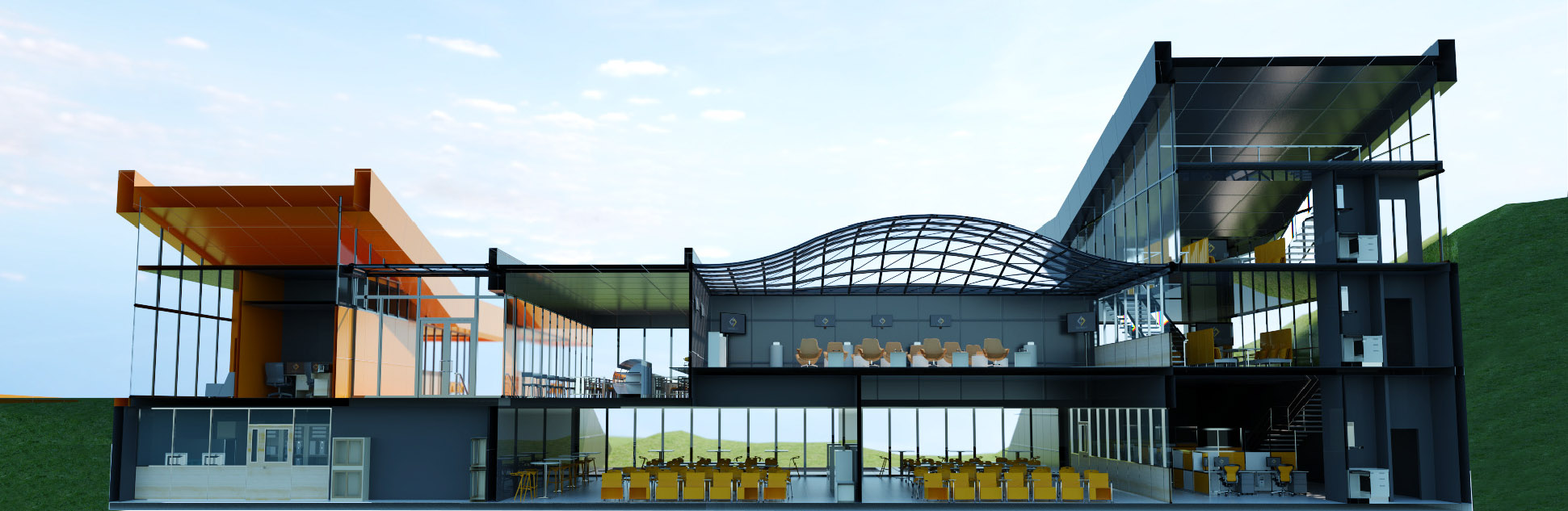 Wide glass building